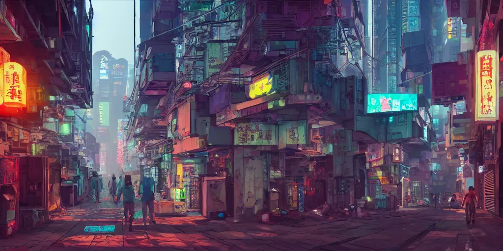 Image similar to a cyberpunk hong kong alley with robots and humans walking around by moebius, pixar color palette, clear details, street level, 8k