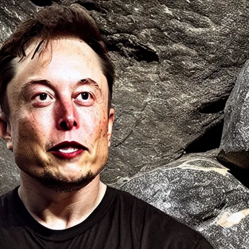 Prompt: photo inside a cavern of a wet reptilian humanoid rapper elon musk partially hidden behind a rock, with black eyes, open mouth and big teeth