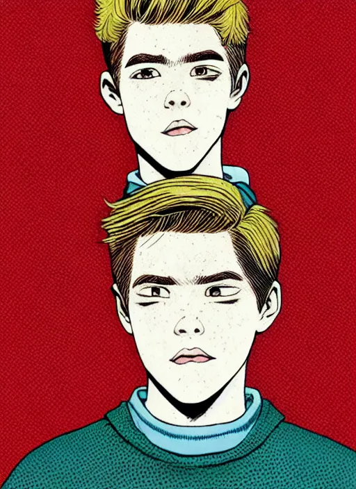 Image similar to portrait of teenage archie andrews, freckles, varsity jacket, intricate, highly detailed, illustration, art by junji ito, junji ito