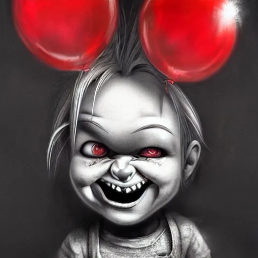 Prompt: surrealism grunge cartoon portrait sketch of chucky with a wide smile and a red balloon by - michael karcz, loony toons style, my little pony style, horror theme, detailed, elegant, intricate