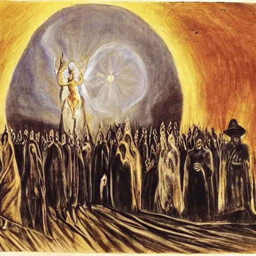 Prompt: A Holy Week procession of souls in a Spanish landscape at night. A figure at the front holds a cross. El Greco, Remedios Varo y Salvador Dali.