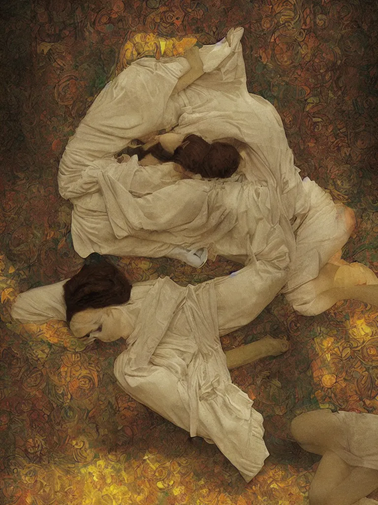 Prompt: glitched photo of a woman sleeping in a public bathroom by J. C. Leyendecker and Edmund Blair Leighton and Charlie Bowater, Beksinski painting