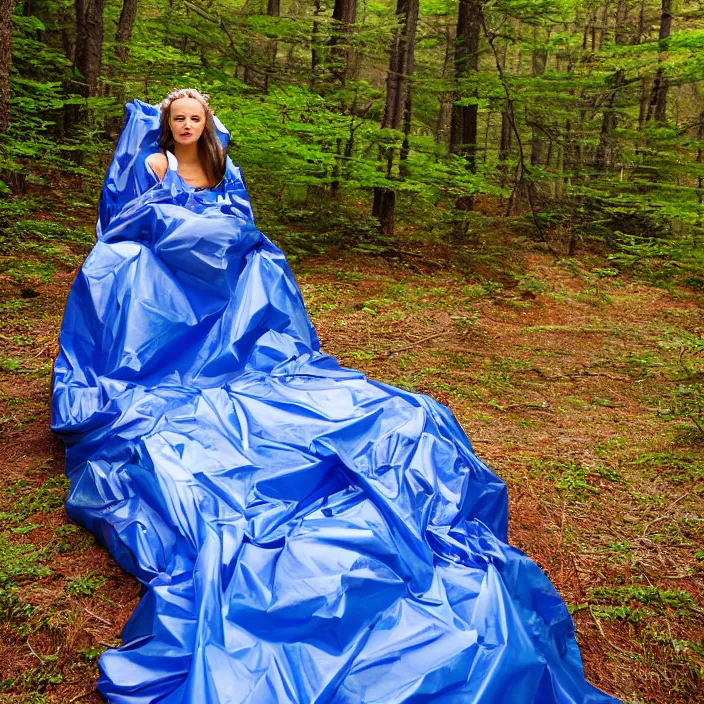 Prompt: a color photograph, closeup portrait of a woman wrapped in plastic, sitting in a plastic throne, in acadia national park in maine, color photograph, by vincent desiderio, canon eos c 3 0 0, ƒ 1. 8, 3 5 mm, 8 k, medium - format print