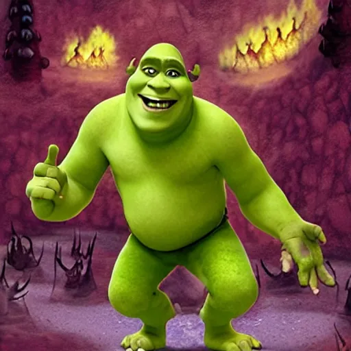 Image similar to shrek in hell, ominous, horror, flames, fire