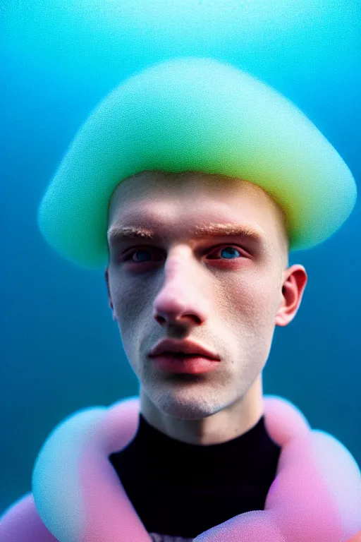 Image similar to high quality pastel coloured film mid angle portrait photograph of a beautiful young 2 0 year old male, soft features, short hair, perspex mask and oversized inflated clothing!!!! icelandic black! rock pool environment. atmospheric three point light. photographic. art directed. ( pastel colours ). volumetric. clearcoat. waves. 8 k. filmic.