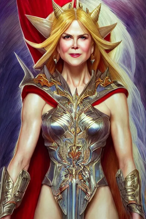 Image similar to ultra realistic illustration, nicole kidman dressed as she - ra the princess of power, sci - fi, fantasy, intricate, elegant, highly detailed, digital painting, artstation, concept art, smooth, sharp focus, illustration, art by artgerm and greg rutkowski and alphonse mucha