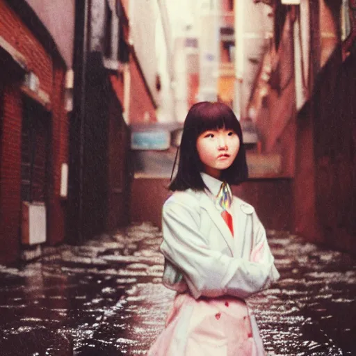 Image similar to 1990s perfect 8K HD professional cinematic photo of close-up japanese schoolgirl posing in sci-fi dystopian alleyway at morning during rain, at instagram, Behance, Adobe Lightroom, with instagram filters, depth of field, taken with polaroid kodak portra