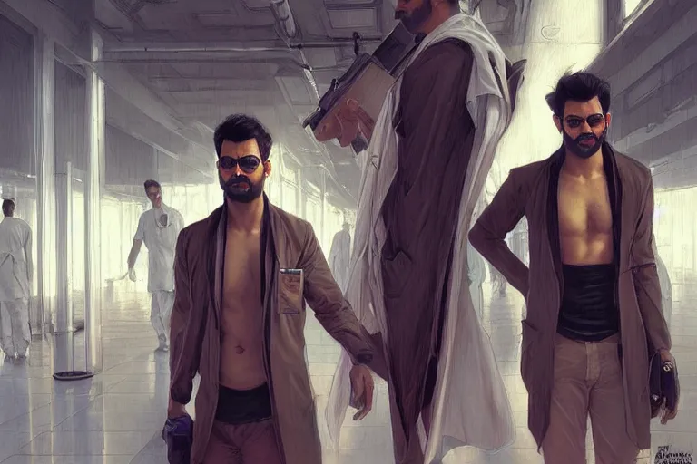 Image similar to Sensual good looking pale young Indian doctors wearing Deus Ex clothing in an airport, portrait, elegant, intricate, digital painting, artstation, concept art, smooth, sharp focus, illustration, art by artgerm and greg rutkowski and alphonse mucha