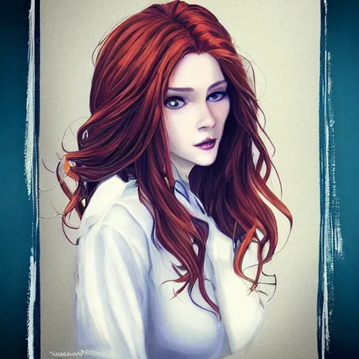 Prompt: a portrait of a young woman with auburn hair, smart, rich, traveling clothes, artist, artistic, shallan davar, blue eyes, beautiful, smiling, thick hair, dnd, rpg, shy, quick witted, artgerm style