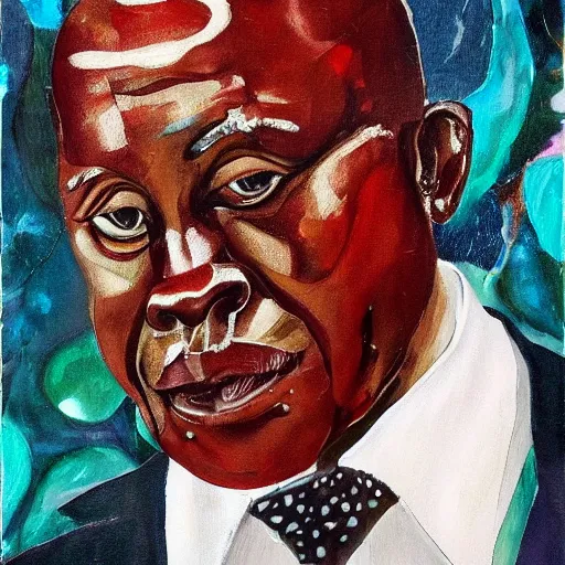 Prompt: a painting of a loving, caring fatherly wide forehead, aquiline nose, round face, XXL , generous, ever-present, humble, wise elder from Kenya in a suit by Wangechi Mutu . Fatherly/daddy, focused, loving, leader, relaxed. Gold background, heavenly lights, details, smooth, sharp focus, illustration, realistic, cinematic, artstation, award winning, rgb , unreal engine, octane render, cinematic light, macro, depth of field, blur, light and clouds, highly detailed epic cinematic concept art CG render made in Maya, Blender and Photoshop, octane render, excellent composition, dynamic dramatic cinematic lighting, aesthetic, very inspirational, arthouse.