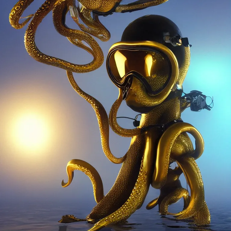 Image similar to octane render portrait by wayne barlow and carlo crivelli and glenn fabry, subject is a diver in a wet suit with goggles completely covered in giant long shiny reflective golden octopus tentacles, cinema 4 d, ray traced lighting, very short depth of field, bokeh