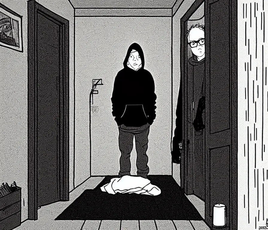 Prompt: todd solondz in hoodie lonely at his empty apartment, knees tucked in | rain falls at night : storyboard, realistic. by gabriel hardman, joe alves, j. todd anderson, chris bonura. cinematic atmosphere, detailed and intricate, perfect anatomy