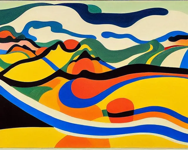 Prompt: A wild, insane, modernist landscape painting. Wild energy patterns rippling in all directions. Curves, organic, zig-zags. Saturated color. Mountains. Clouds. Rushing water. Wayne Thiebaud. Charles Burchfield.