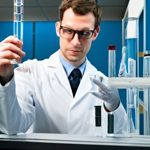 Prompt: professional stock photo of a sad scientist in a lab, holding a test tube and looking at it