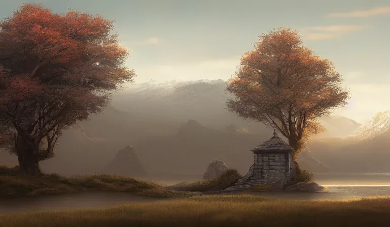 Prompt: A serene landscape with a singular building in the style of matte painting