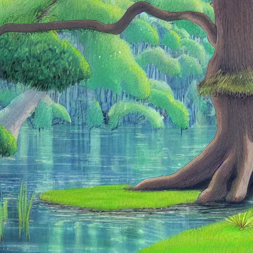 Prompt: big tree in front of pond beautiful painting by studio ghibli