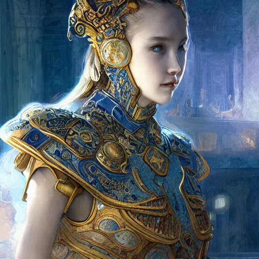 Prompt: portrait knights of Zodiac girl, Chinese Blue and white porcelain color reflected armor, in ruined Agora of Athens, ssci-fi, fantasy, intricate, very very beautiful, elegant, golden light, highly detailed, digital painting, artstation, concept art, smooth, sharp focus, illustration, art by tian zi and WLOP and alphonse mucha