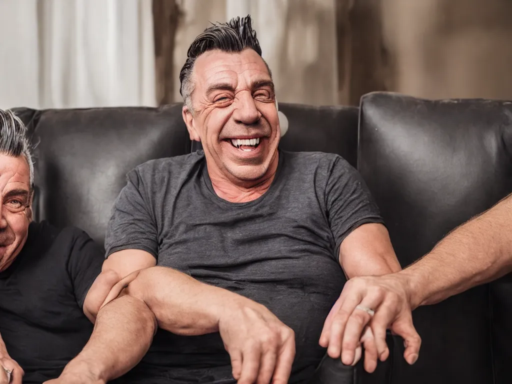 Prompt: close - up photo of a till lindemann sits on the couch with grandmother both laughing, natural lighting, wide lens, 4 k