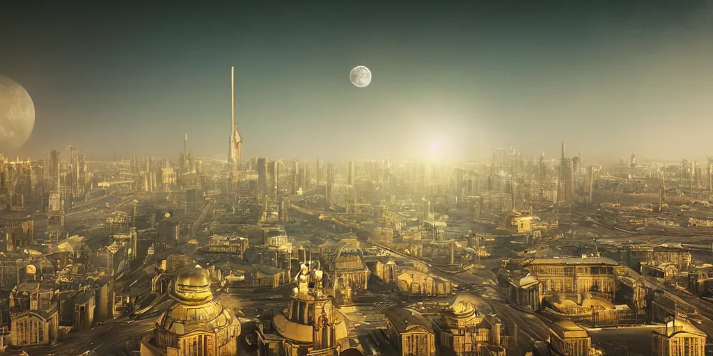 Prompt: cinematic shot of a cityscape futuristic antigravity saint petersburg city in the moon, russian orbit city, telephoto, golden mood, iconic scene from the paranoid thriller sci fi film directed by stanley kubrick, anamorphic cinematography, beautiful composition, color theory, leading lines, photorealistic, moody volumetric lighting