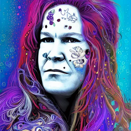 Image similar to An extremely psychedelic portrait of Janis Joplin, surreal, LSD, face, detailed, intricate, elegant, lithe, highly detailed, digital painting, artstation, concept art, smooth, sharp focus, illustration