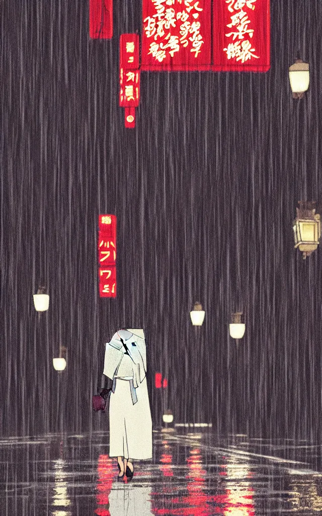 Prompt: a woman wearing a white dress walking on the wet street on a rainy night in kyoto by wes anderson and makoto shinkai. dramatic lighting. cel shading.