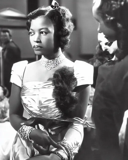 Prompt: the image is a lost hollywood film still 1 9 4 0 s photograph of a black woman with ebony skin, long hair, and silver - colored eyes attending a wedding banquet. vibrant cinematography, anamorphic lenses, crisp, detailed image in 4 k resolution.
