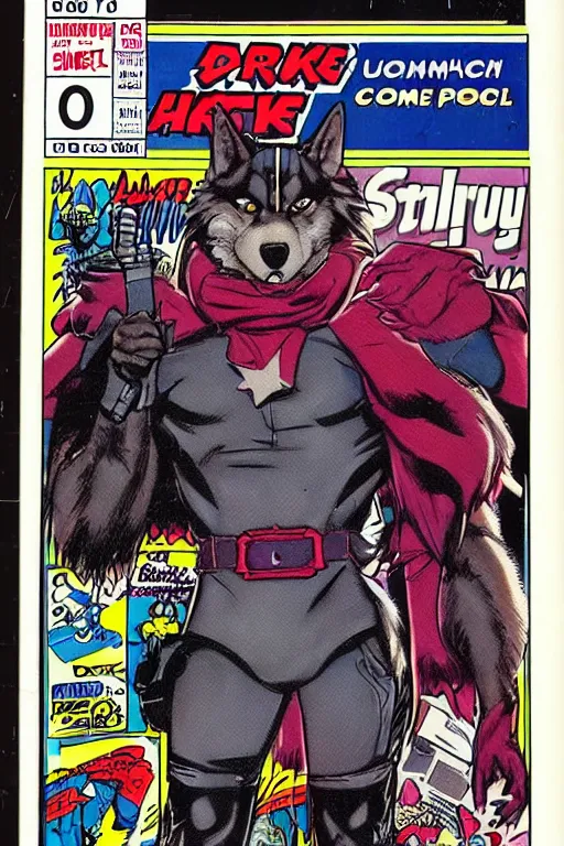 Prompt: 1 9 8 0 s comic book title cover scan, highly detailed professional comic art, featuring a portrait of the villain anthropomorphic dark grey wolf o'donnell from starfox fursona furry wolf, in a dark leather space mercenary outfit, 8 0 s sci - fi comic art, marvel 8 0 s style