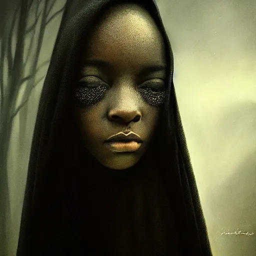 Image similar to a portrait of a young black woman wearing a long dark cloak, hood and shadows covering face, anatomically correct, beautiful perfect face, enigmatic, oil painting, matte painting, black background, Volumetric dynamic lighting, Highly Detailed, Cinematic Lighting, Unreal Engine, 8k, HD, by Beksinski