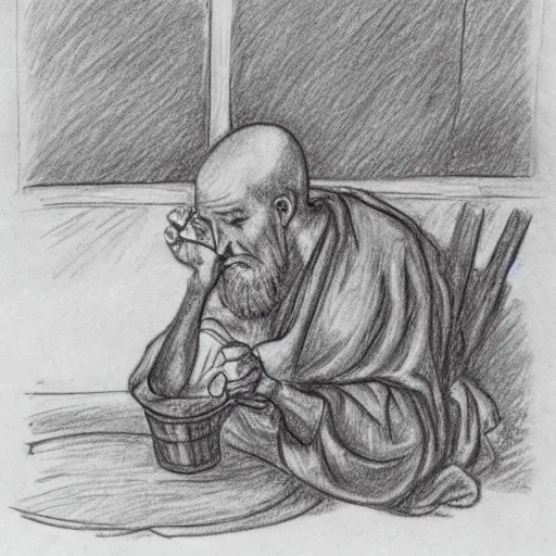 Image similar to pencil sketch of a monk drinking mead from a barrel