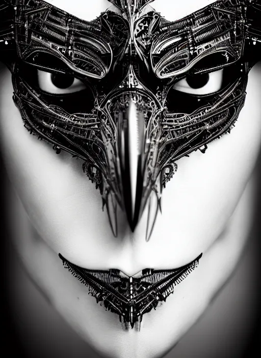 Image similar to a stunning young female crow mixed cyborg profile face, face is made intricate tribal bio - mechanical, editorial photography, bw, shot on 7 0 mm, depth of field, f / 2. 8, high contrast, 1 6 k, volumetric lighting, shiny, insanely detailed and intricate, hypermaximalist, elegant, ornate, hyper realistic, super detailed