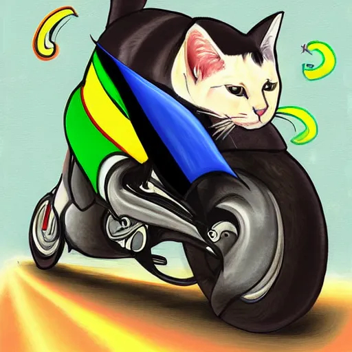 Prompt: A cat on a motorcycle with wind flowing through his jacket, driving through rainbow road, digital art