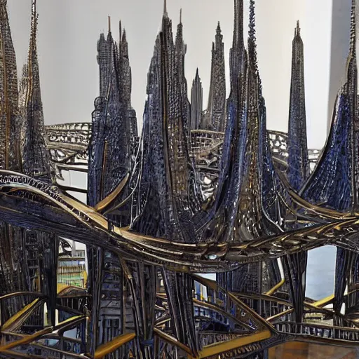 Image similar to a beautiful kinetic sculpture of a cityscape with tall spires and delicate bridges. by grayson perry distorted, emotive