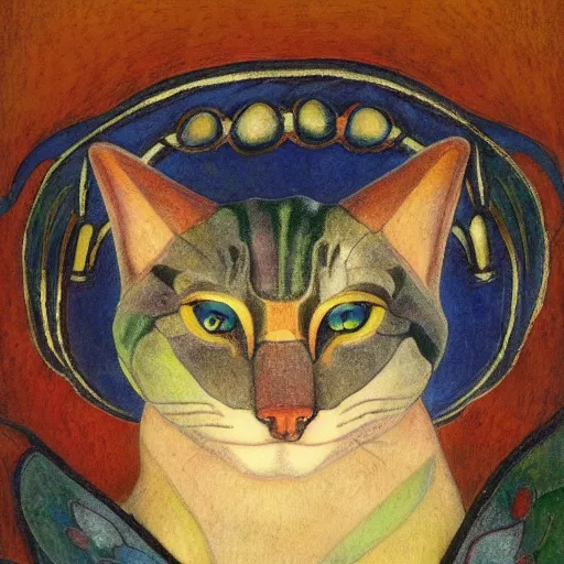 Image similar to cloisonne cat head sculpture, by annie swynnerton and diego rivera and nicholas roerich and jean delville, symbolist, dramatic lighting, god rays, art brut, rich colors, smooth, sharp focus, extremely detailed, adolf wolfli