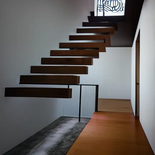 Prompt: photograph of a scary monster with elongated arms descending a staircase in a modern home, scary lighting