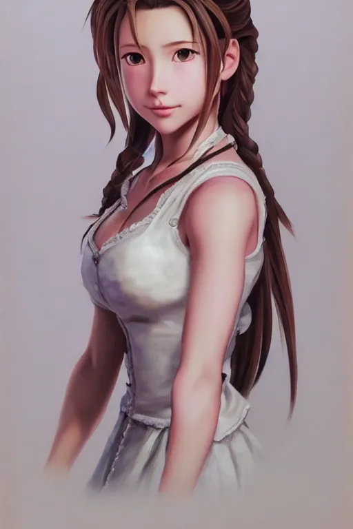 Image similar to subject : detailed full body portrait illustration of aerith gainsborough perfect face, medium : oil on canvas, style : realistic pose study portrait, maximalist, accurate, full color chiaroscuro artist : tetsuya nomura, 4 k, focus : full body and head