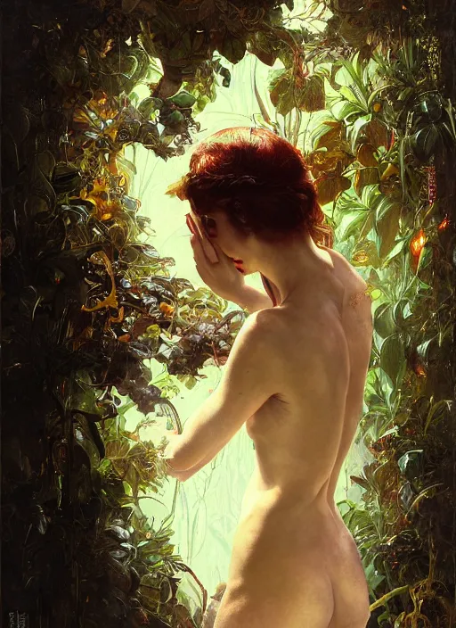 Image similar to hyper realistic photographer looking through a vintage medium format camera, design on white background, beautiful details, lush foliage cyberpunk, gold, drawn by john singer sargent, tom bagshaw, norman rockwell, alphonso mucha, lolish, trending on artstation