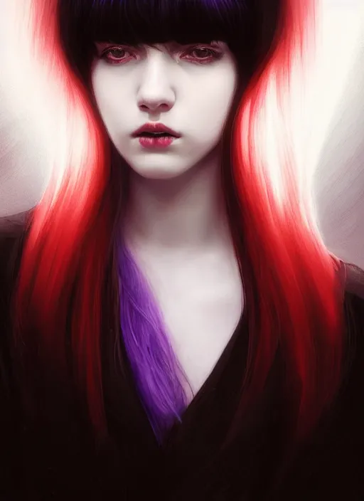 Image similar to portrait of teenage girl, red irises, bangs, black and white hair, white bangs, purple clothes, white bangs, two color hair, black hair and white bangs, intricate, elegant, glowing lights, highly detailed, digital painting, artstation, concept art, smooth, sharp focus, illustration, art by wlop, mars ravelo and greg rutkowski