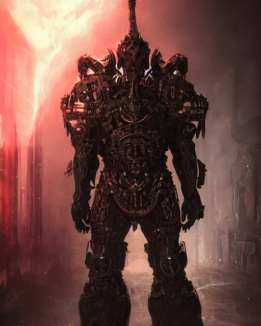 Image similar to a sci fi quarter - length portrait of a shadow demon wearing ornate armor made of sci fi metal plates, cinematic lighting, high detail, dark fantasy, unreal engine, octane render, by vitaly bulgarov artstation, realistic metal reflections, fog volumes, hard surface character pinterest, vivid red glow, post processing, cgsociety