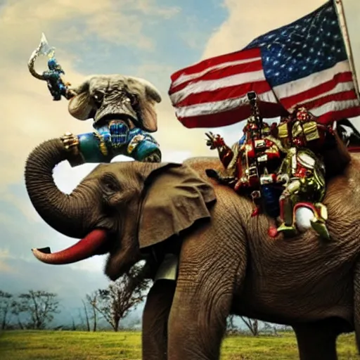 Image similar to joe biden riding an elephant, with warhammer 4 0 k