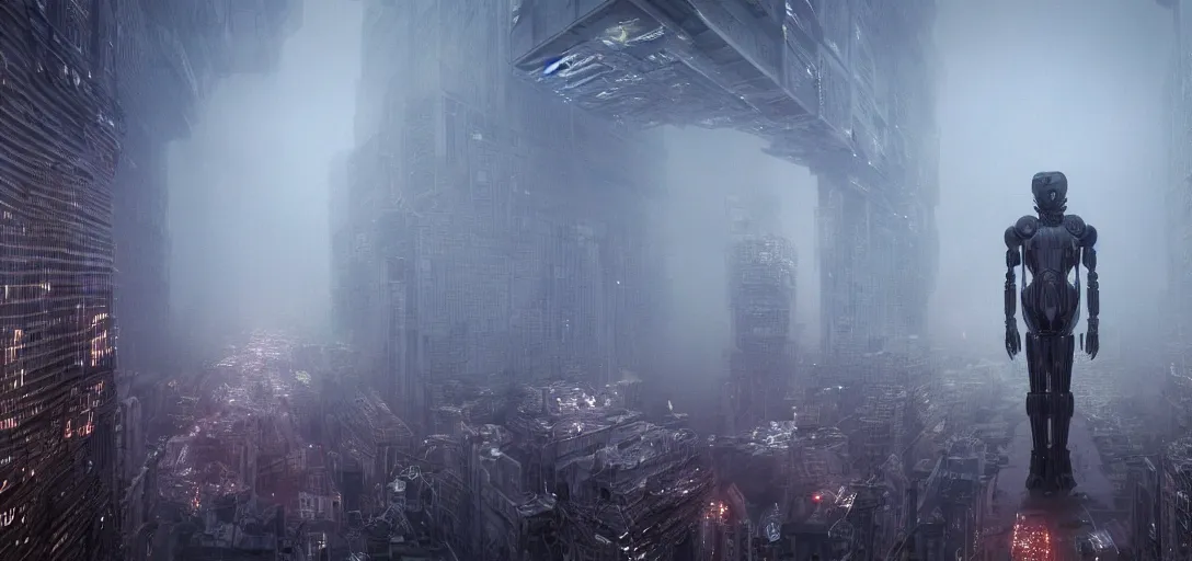 Image similar to a complex organic fractal 3 d metallic symbiotic ceramic humanoid megastructure creature invading a city, foggy, cinematic shot, photo still from movie by denis villeneuve, wayne barlowe