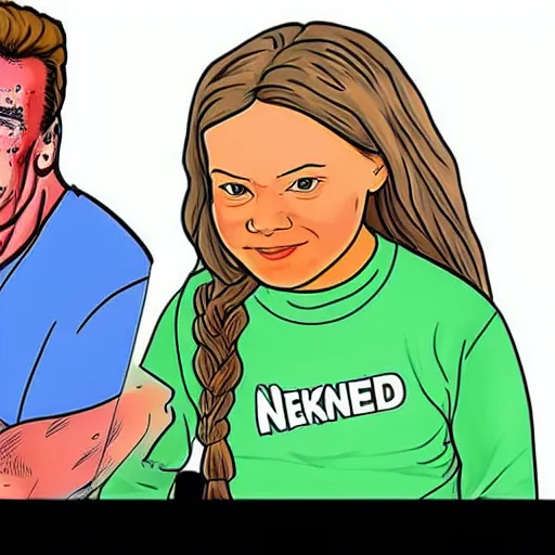 Image similar to Arnold Schwarzenegger and Greta Thunberg are happy together, realistic cartoon