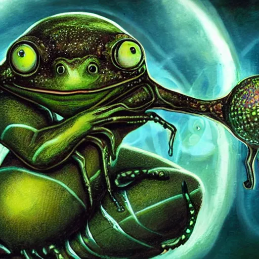 Image similar to an alien parasite taking possession of a frog, sci-fi art