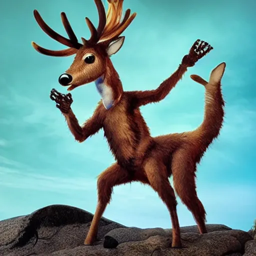 Image similar to photo of an anthropomorphic deer monster playing in a rock band
