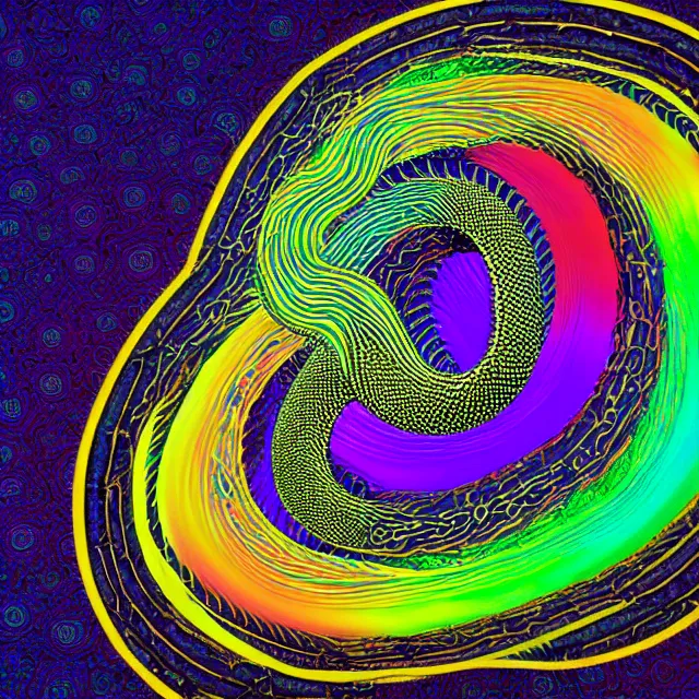 Image similar to serpentine ouroboros devouring itself onto infinity fractal dimensions symmetrical, chromatic aberration polychromatic color scheme