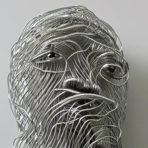 Prompt: realistic detailed silver metal wire sculpture of a towering jungle, first person pov