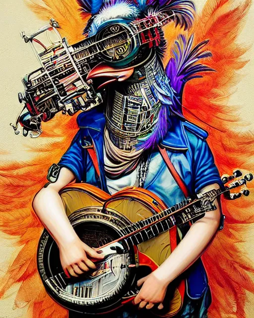 Prompt: a portrait of an anthropomorphic cyberpunk rooster strumming a banjo by sandra chevrier, by jon foster, detailed render, tape deck, epic composition, cybernetics, 4 k realistic, cryengine, realistic shaded lighting, sharp focus, masterpiece, by enki bilal