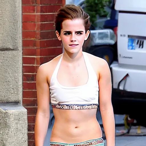 Prompt: cute emma watson bloated after being filled with pizza