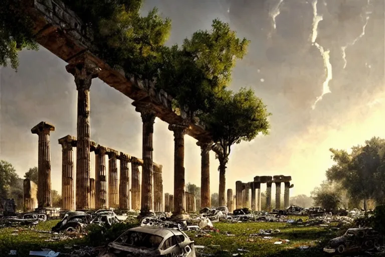 Image similar to tree growing in ancient greek ruins, gray wasteland, many scrap cars, trash, rubble, overgrown, pillars and arches, flowers, vines, hyperrealistic, highly detailed, cinematic, single ray of golden sunlight, beautiful, cgssociety, artstation, 8 k, oil painting by greg rutkowski, by artgerm, by wlop