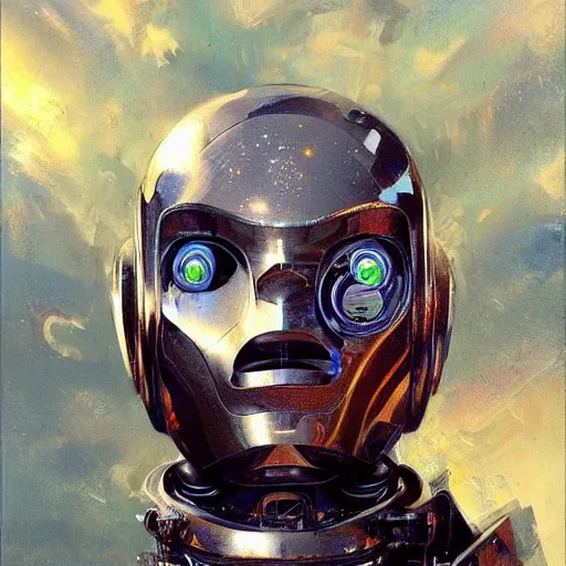 Image similar to an intricate, detailed face of an robot, metal skin with some scratches, dramatic lighting, sci-fi, trending on artstation, art nouveau, by John Berkey