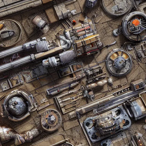 Image similar to top down view of a texture, floor full of mess of mecanics, motor, tools, ancient mecanism, steampunk, substance painter material, artstation, octane render, vray, 4 k